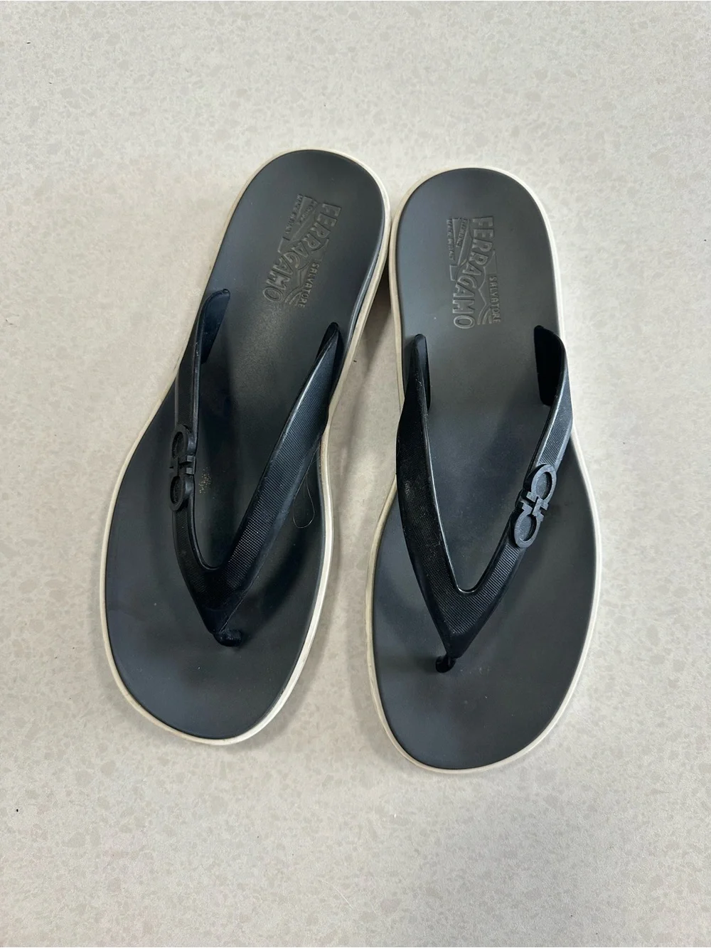 Salvatore Ferragamo Black and White Rubber Flip Flops